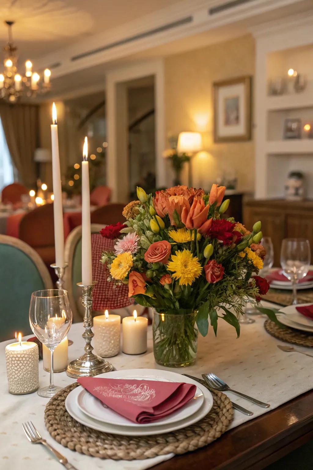 A dining table showcasing a showpiece filled with fresh flowers and lights.