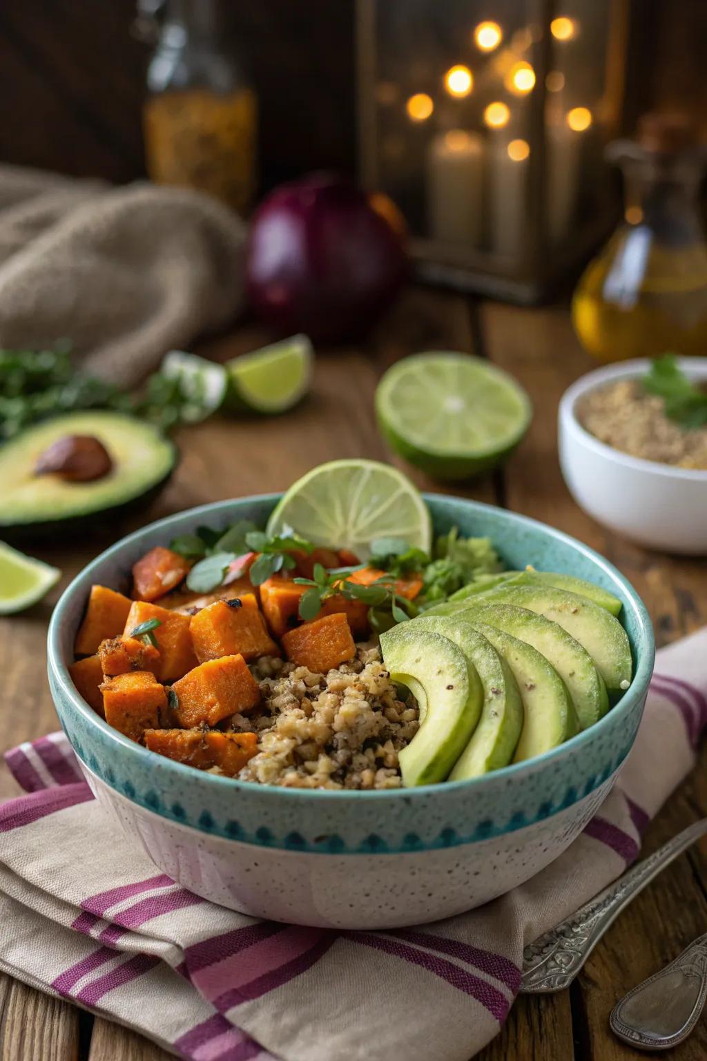 A vibrant veggie bowl that's both nourishing and also tasty.
