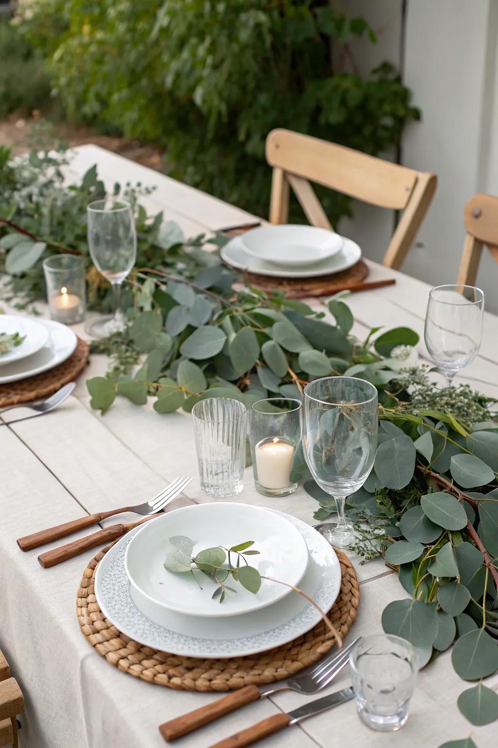 A dinner table showcasing nature-inspired elements such as eucalyptus.