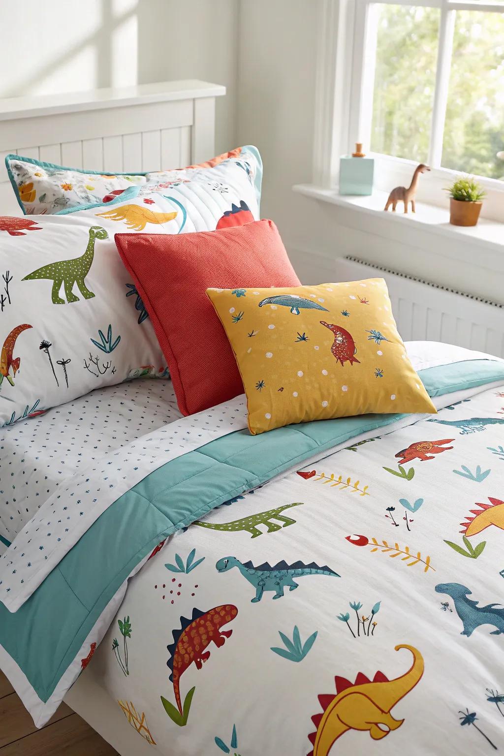 A bed layered with dino-centric bedding, a haven for dino-dreamers.