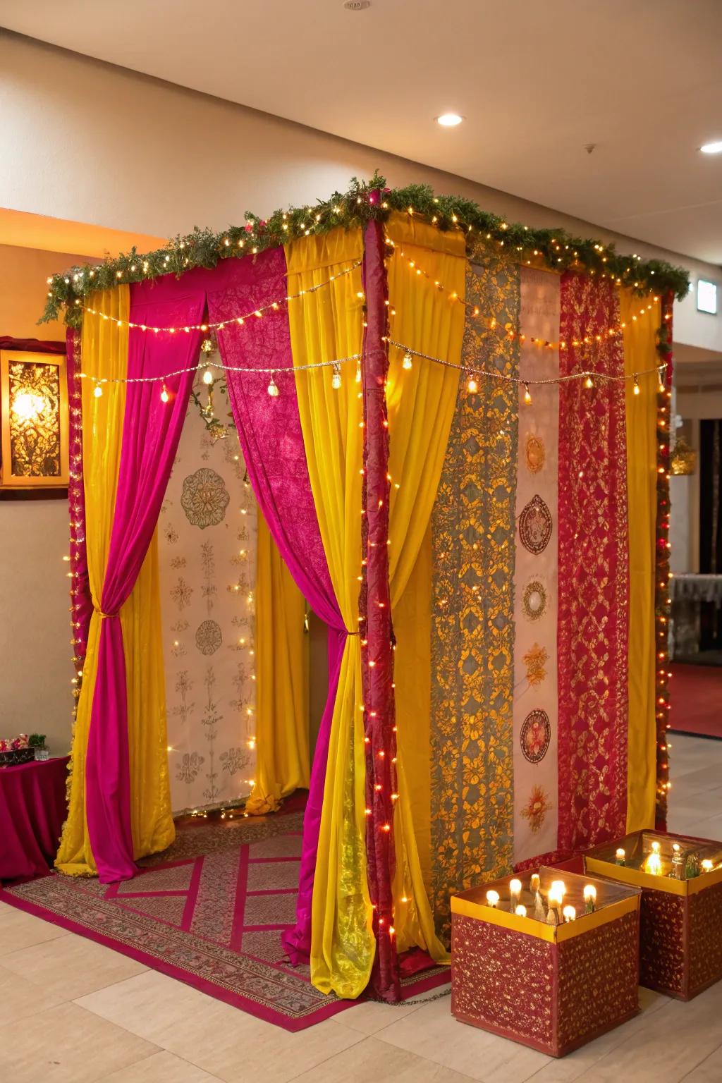 Bright textiles in magenta and gold fashioning a celebratory photo booth setting.
