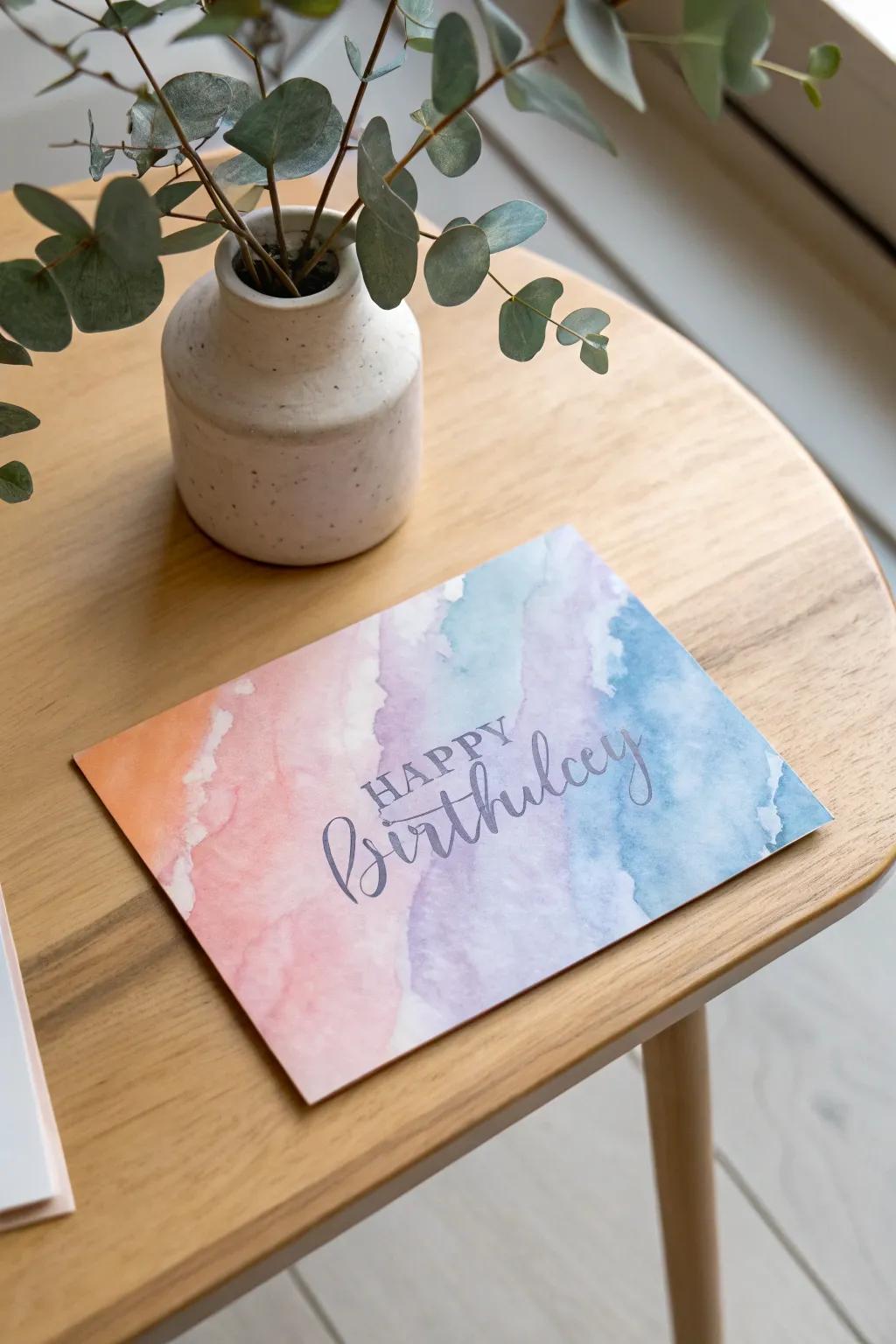 Design your own dreamy birthday card using a watercolor wash for a personalized, magical touch.