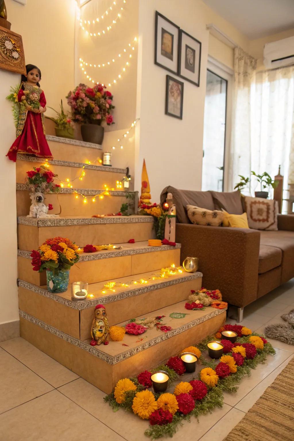 Pasteboard platforms exquisitely adorned for a joyous Golu presentation.