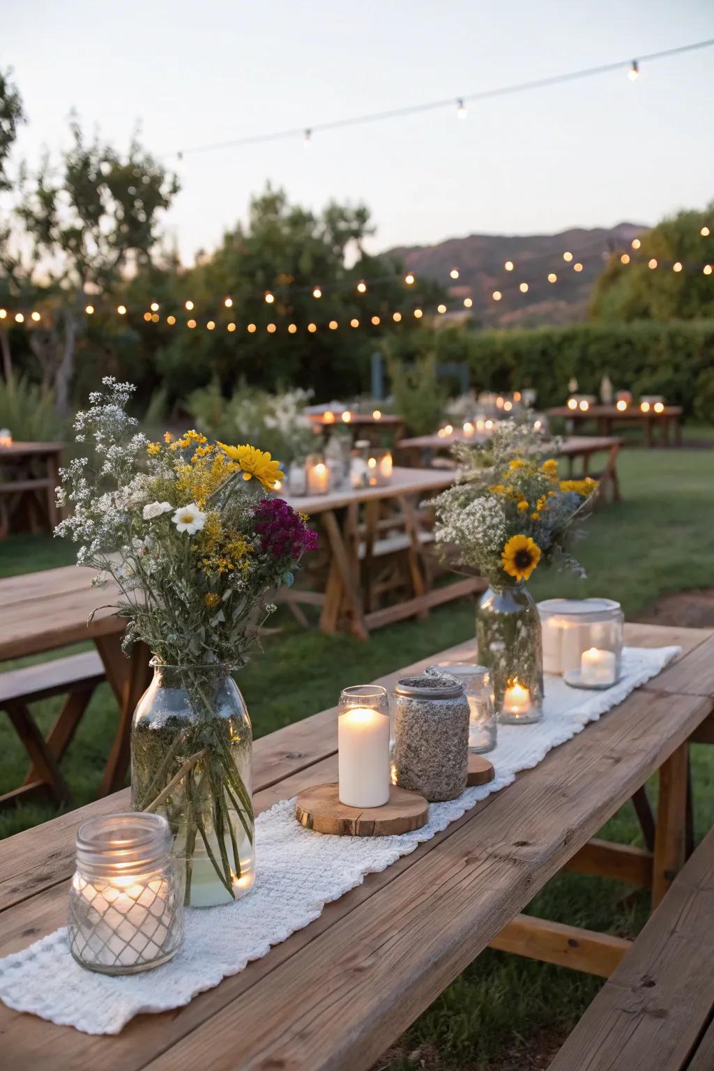 Rustic allure establishes a cozy, close-knit gathering.