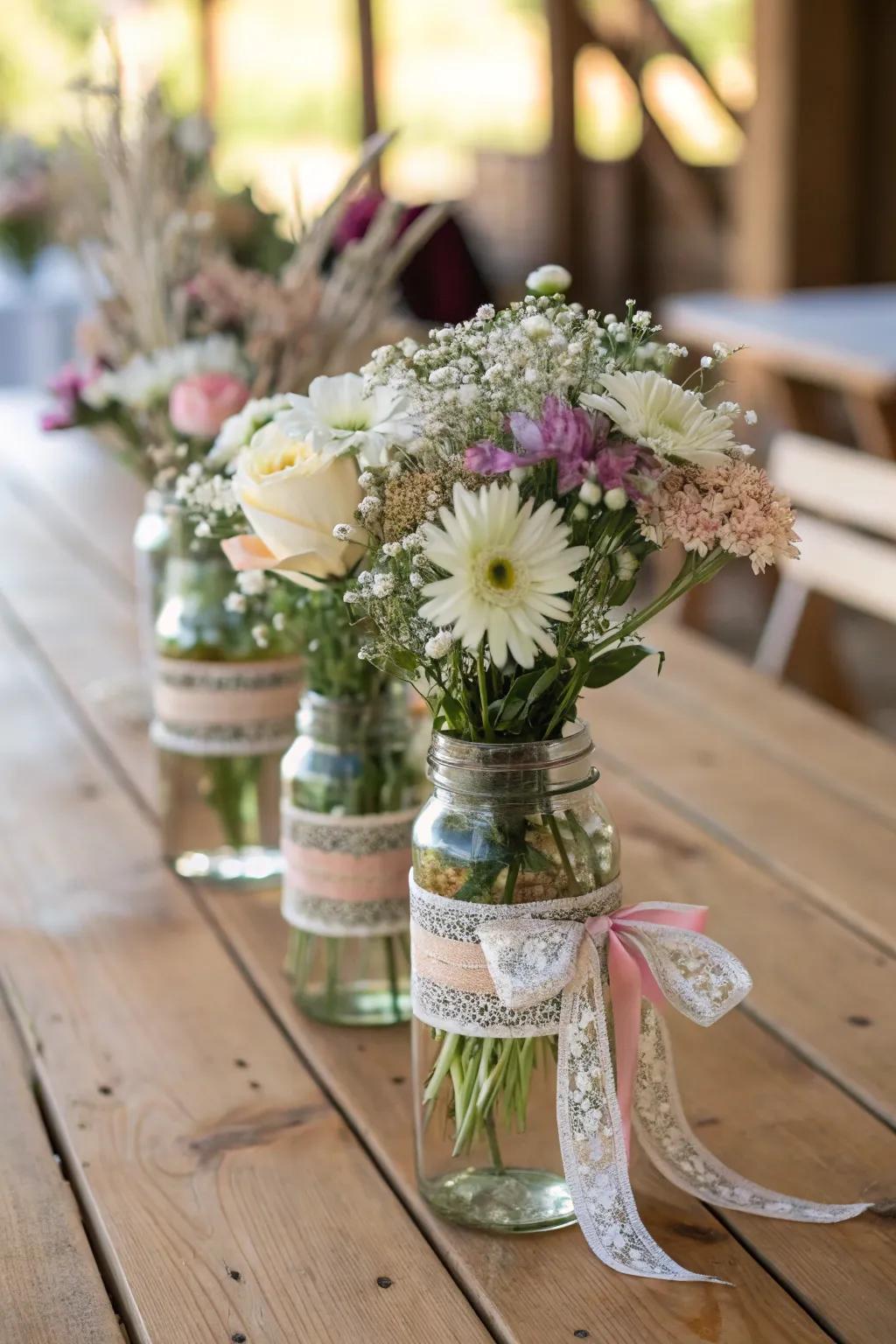 Country allure is achieved with vintage-style jugs overflowing with vibrant fresh-cut flowers.