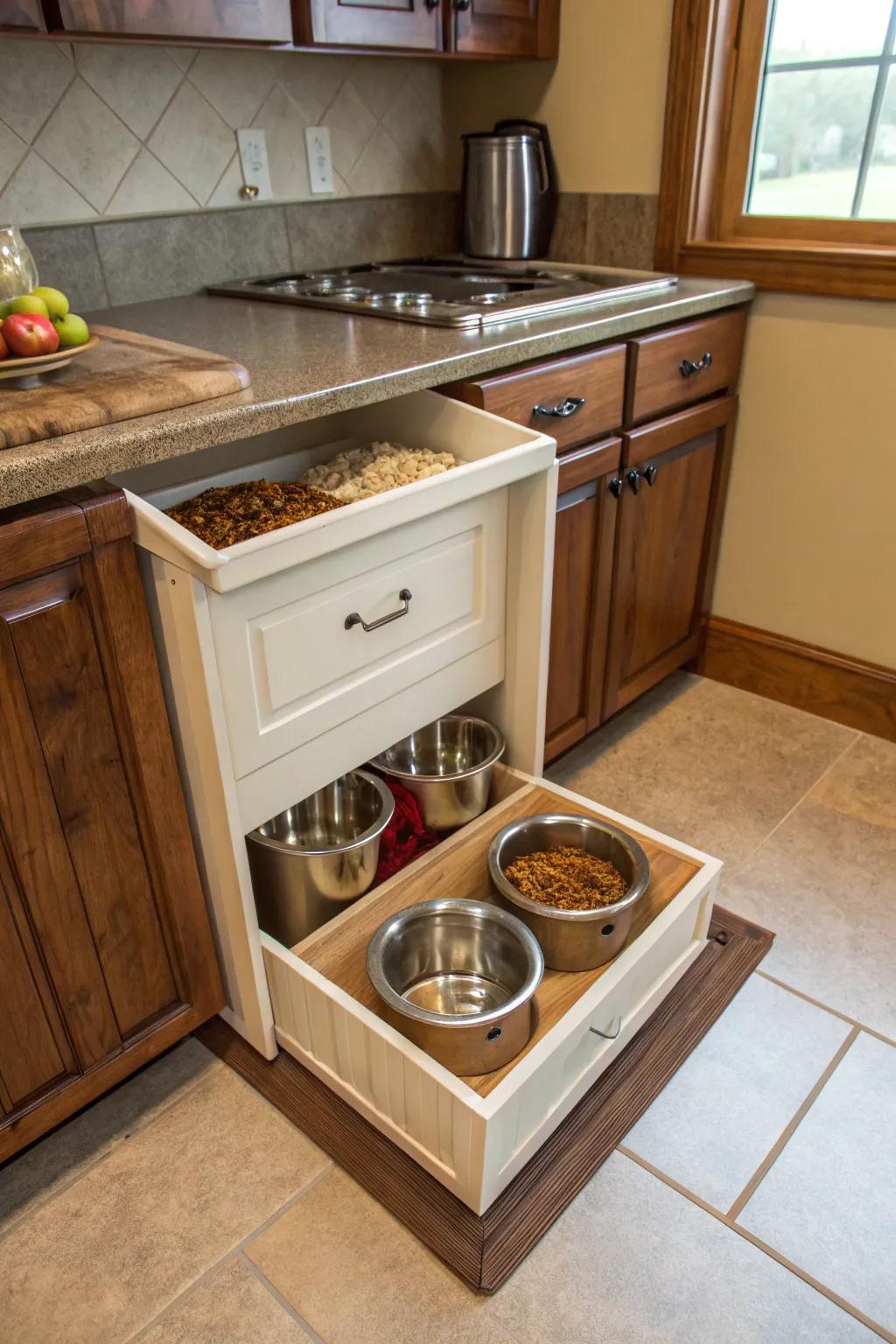 A tailor-made dog food station effortlessly melds storage and dining in a stylish manner.
