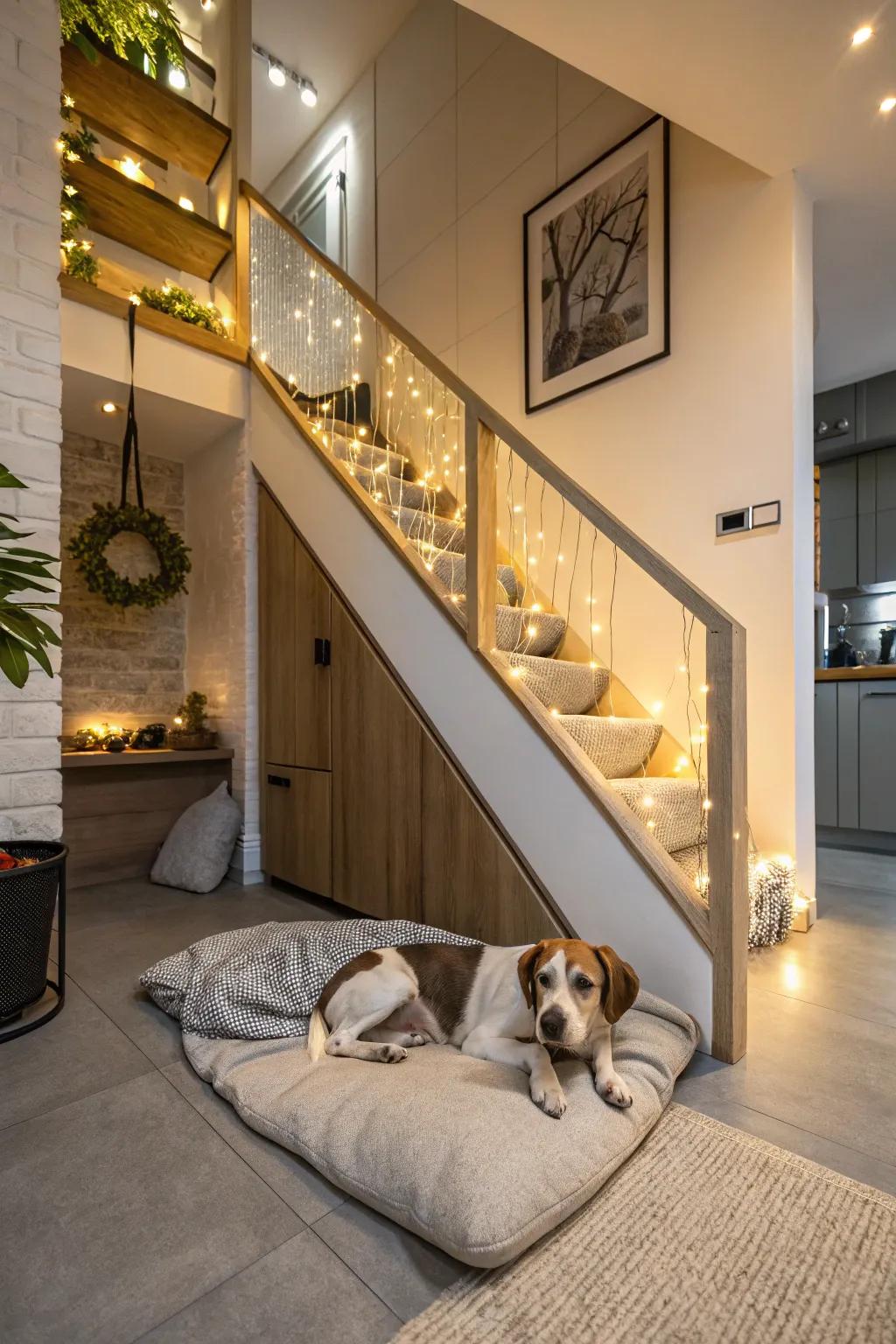 An under-stair area revolutionized into a snug dog retreat, featuring gentle bedding and soft lights.