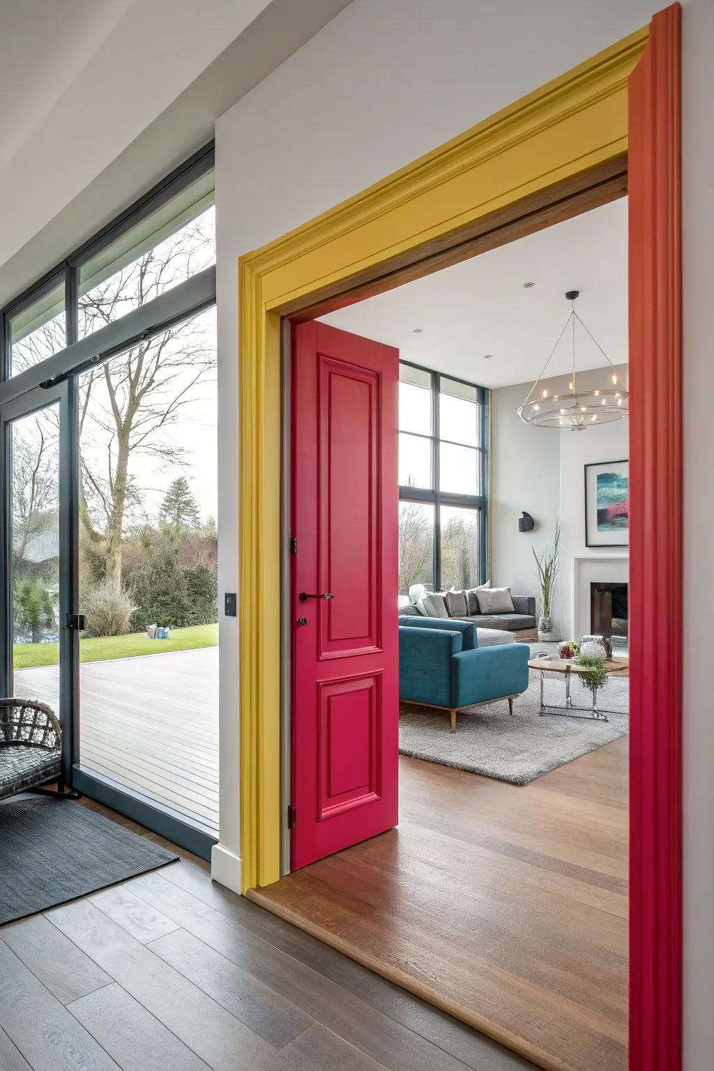 Bright and assertive door trim gives a dash of color to this modern living area.