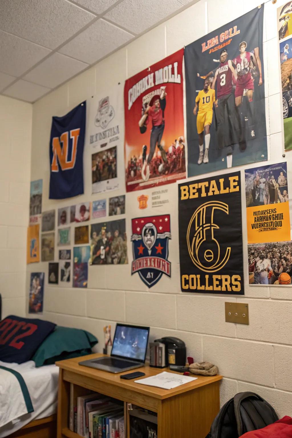 A dorm room wall filled with posters of sports teams and music bands, displaying personal interests.