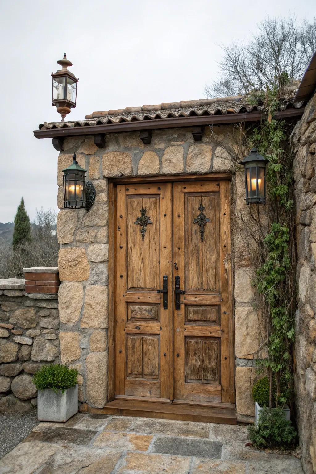 Alluring wooden double doors contributing a rustic vibe to a stone-covered portal.