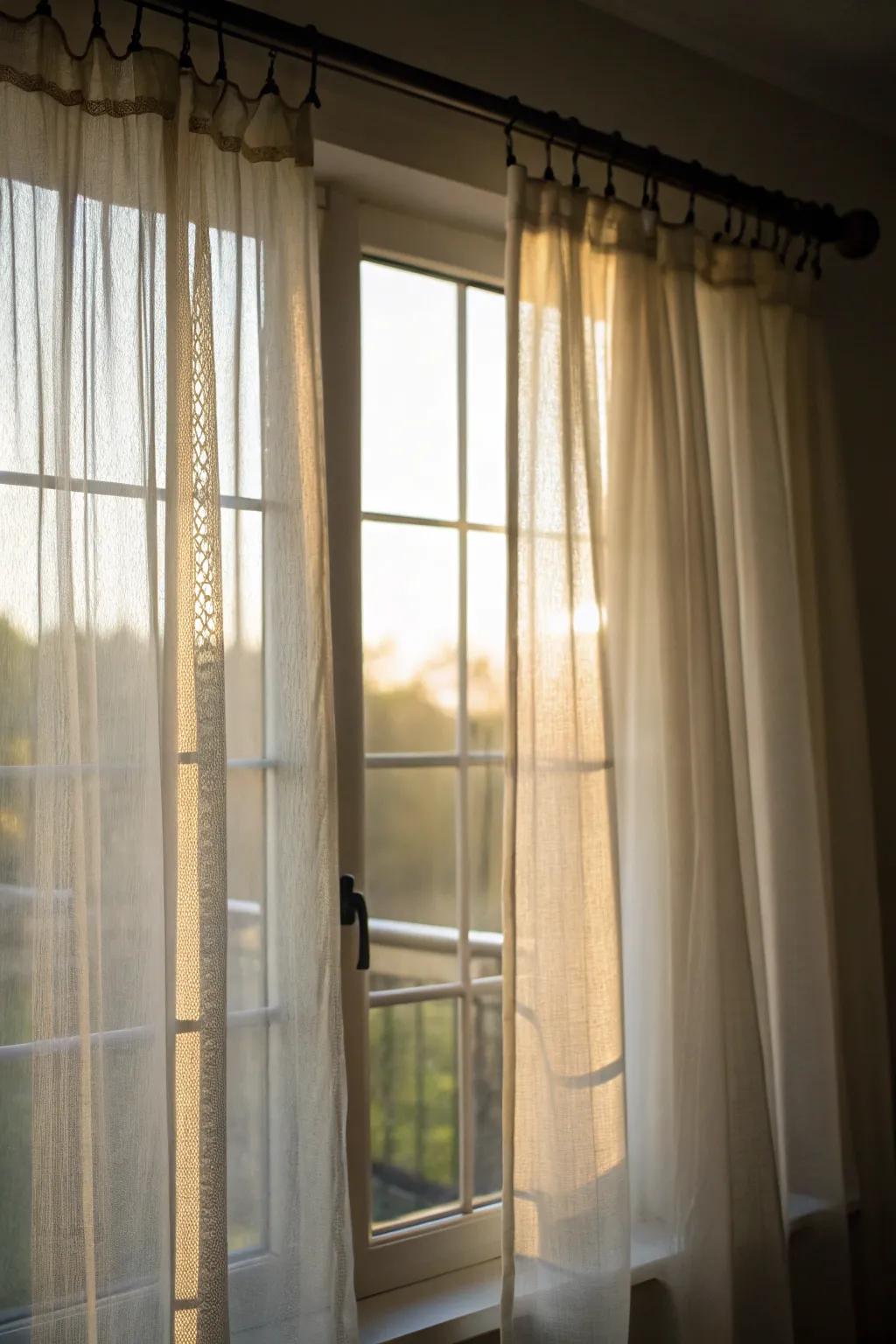 Transparent and solid curtains create a balanced interplay of light and privacy.