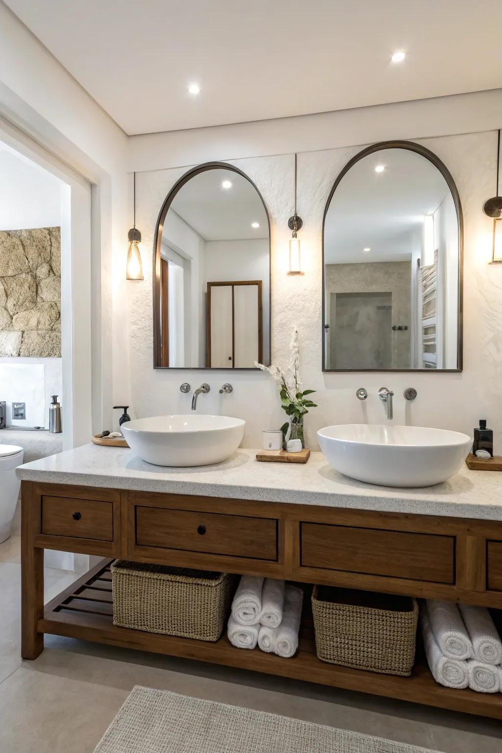 A modern minimalist bathroom featuring elegant double sinks and understated hardware.