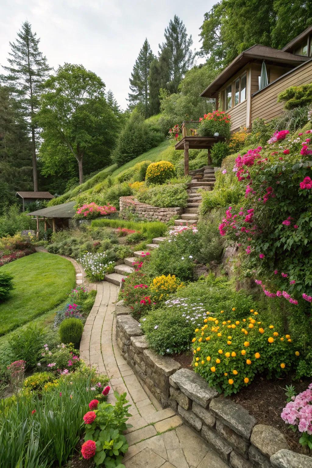 Tiered plantings bring both order and charm to your sloped backyard.