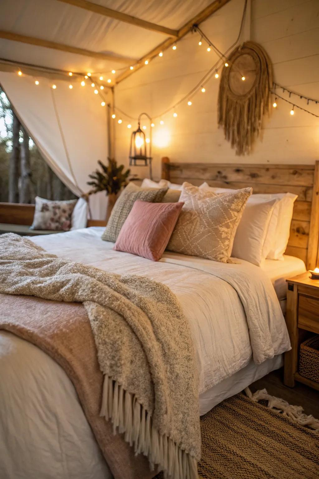 A comfortable bedroom featuring velvety pillows and a gentle throw, creating a welcoming vibe.