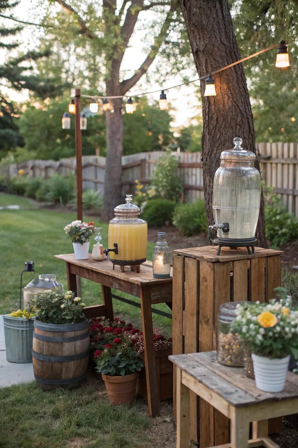 A country-style drink station that is suitable for any backyard get-together.