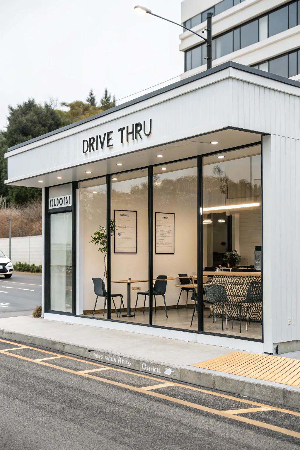 Streamlined drive-thru design featuring a pristine and neutral aesthetic.