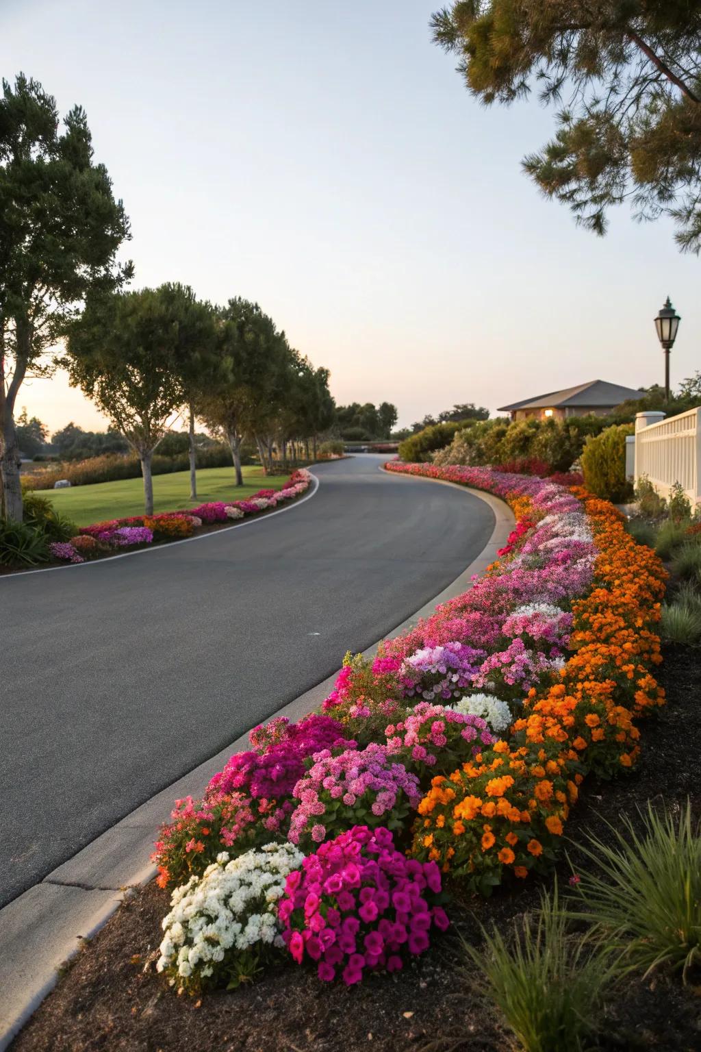 A floral embankment enlivens the driveway with vibrant hues and charm.