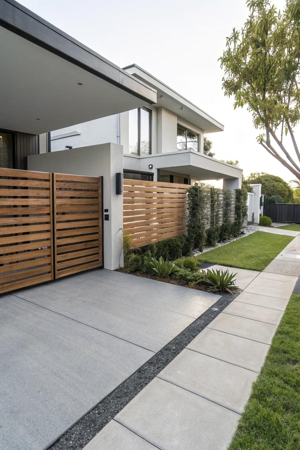 Modern horizontal wood slats provide a sleek look for your driveway.
