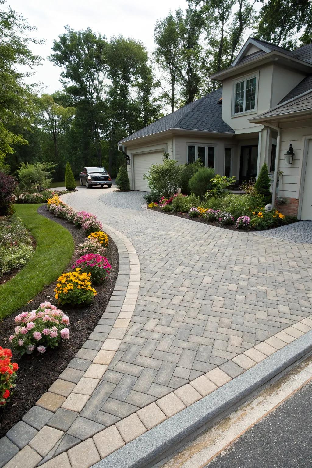 The enduring charm of a herringbone paver design gives a classic feel to a contemporary drive.