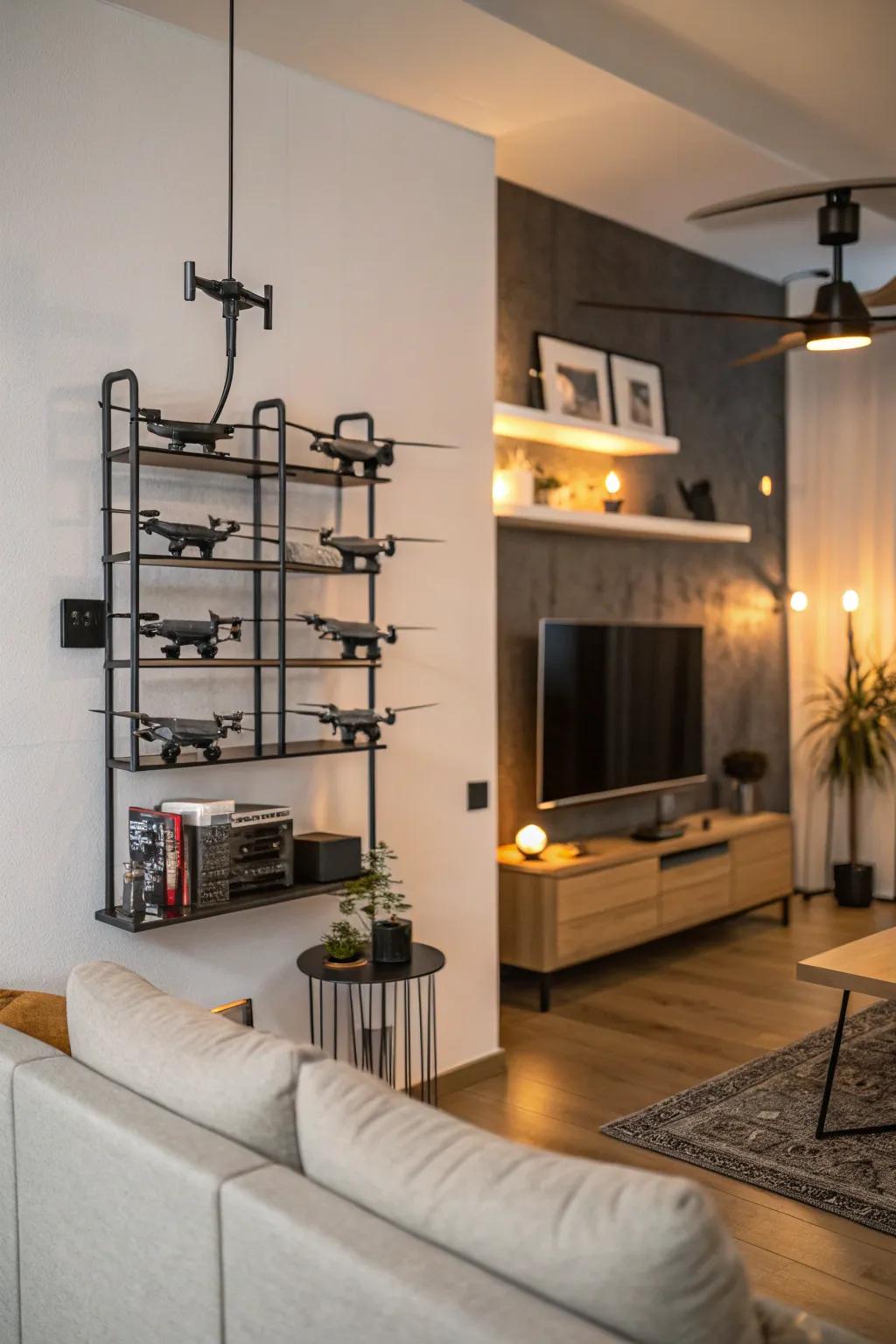 Enhance your drone storage setup with fashionable wall-mounted racks.