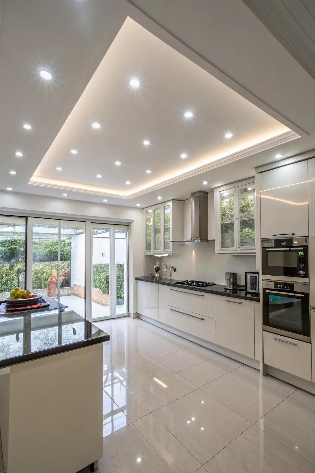 Sunken lighting designs a sleek aspect in any cooking area.