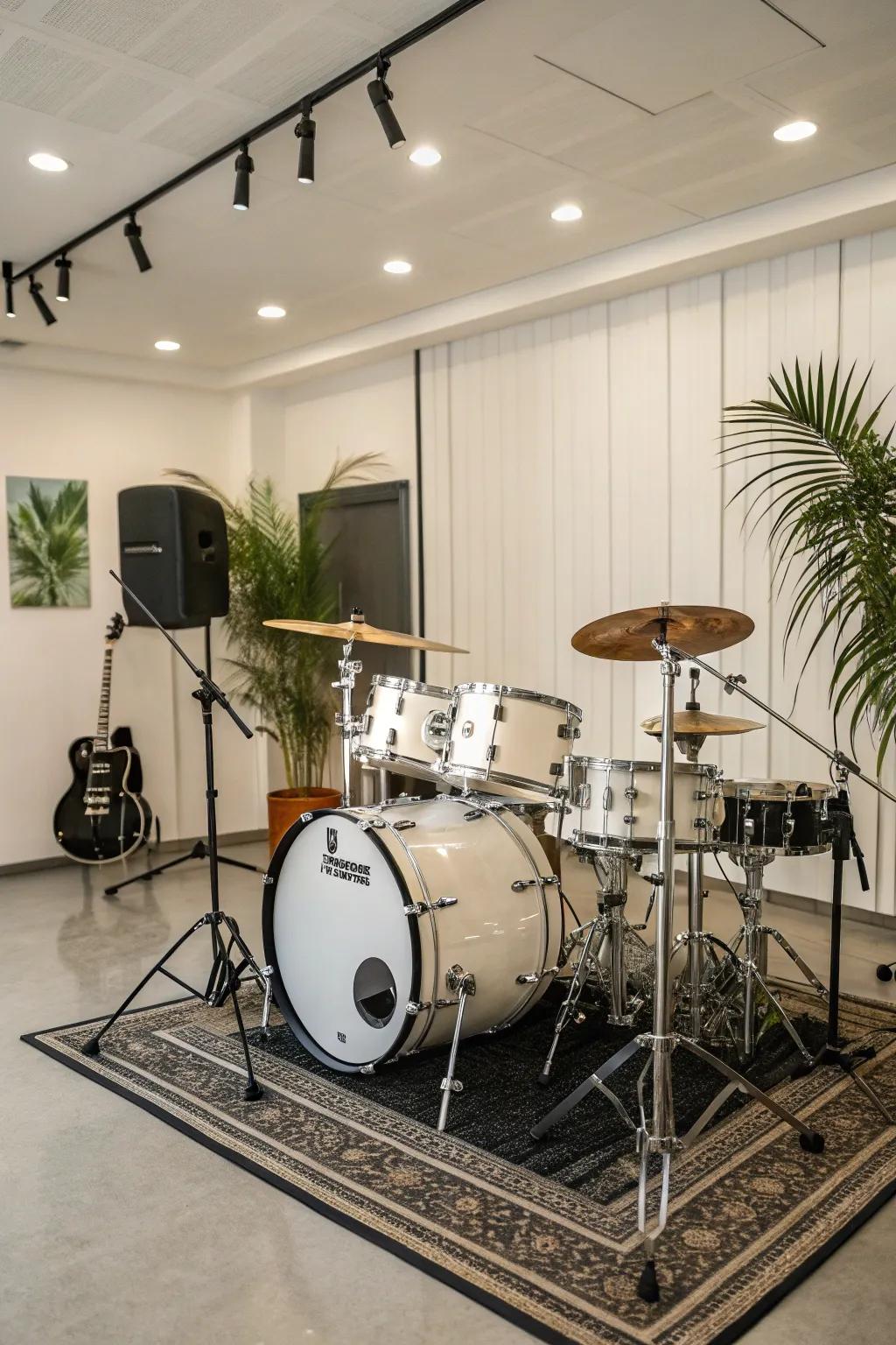 Position your drum kit at the center to emphasize its role in the space.
