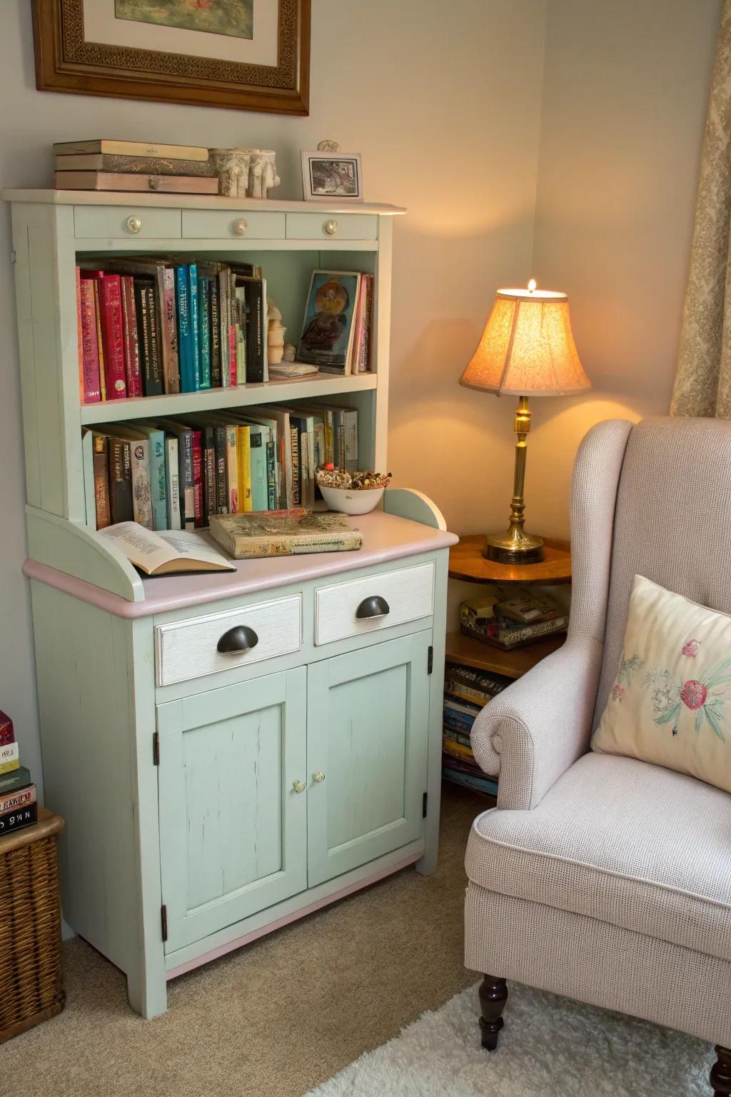 An antique cabinet sink painted in pastel colors, perfect for a reading space.