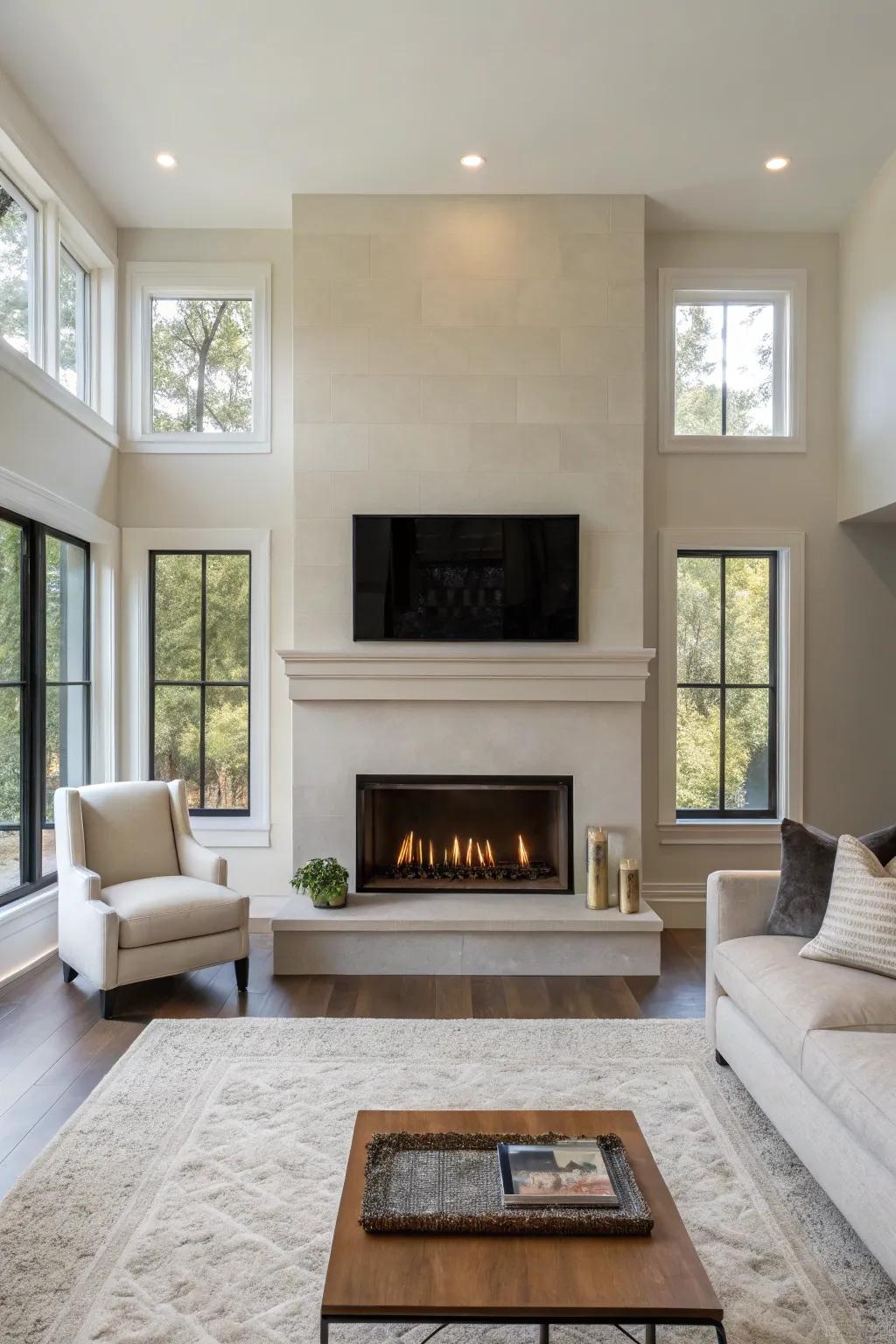 A minimalist drywall fireplace epitomizing sophistication.