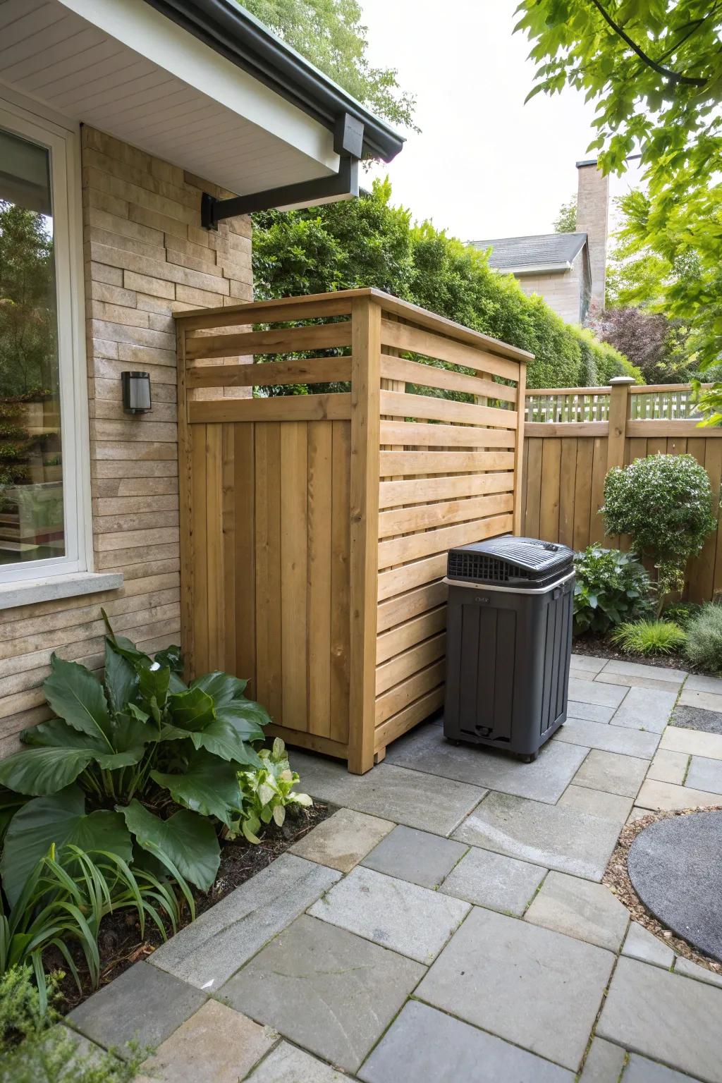 A wooden surround presents a fashionable way of keeping trash bins out of sight.