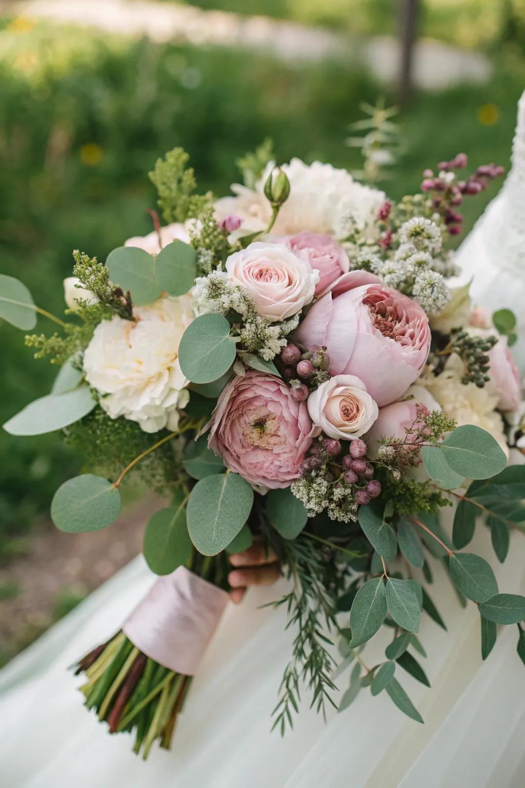 A captivating vintage rose arrangement featuring abundant greenery.
