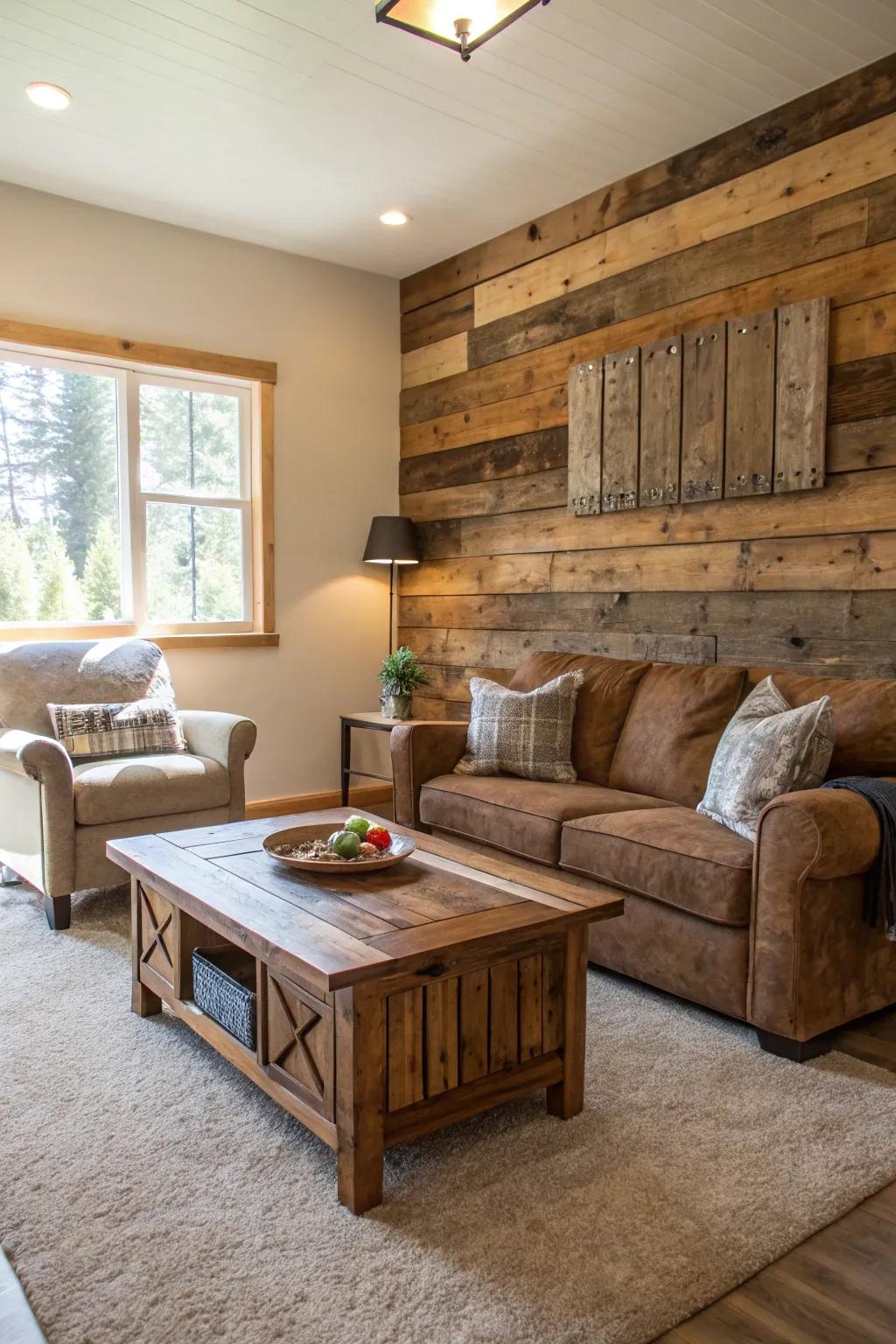 Lounge showcasing furniture made from recovered timber and a feature wall.