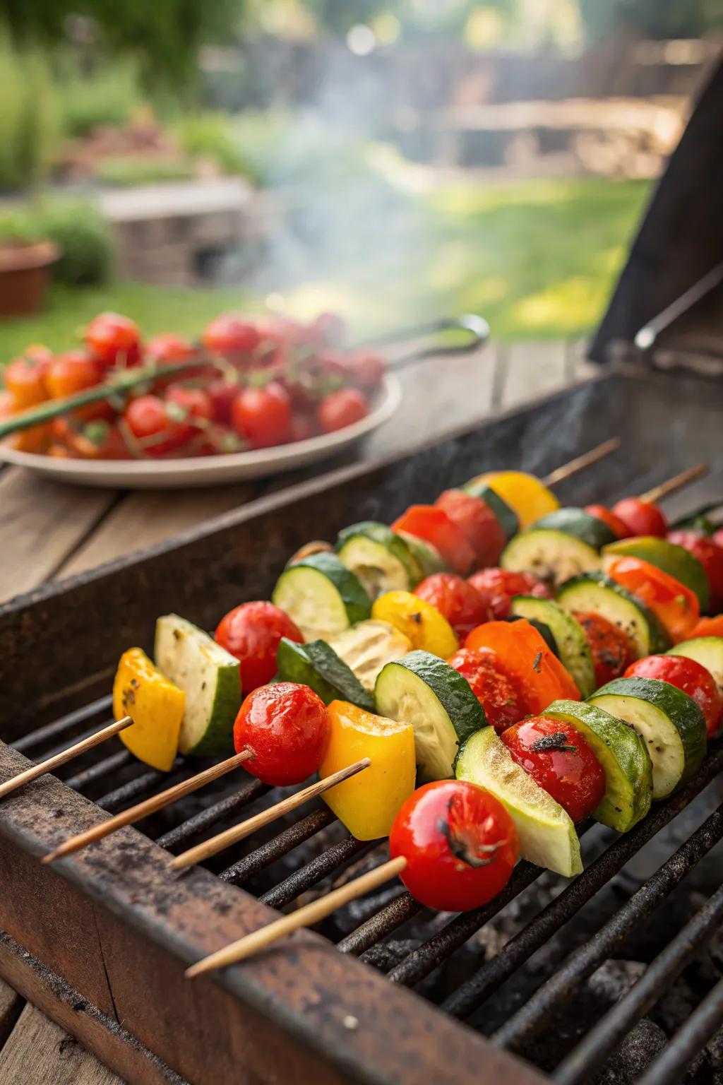 Vibrant vegetable holders sizzling away on the grill in a sun-drenched garden.