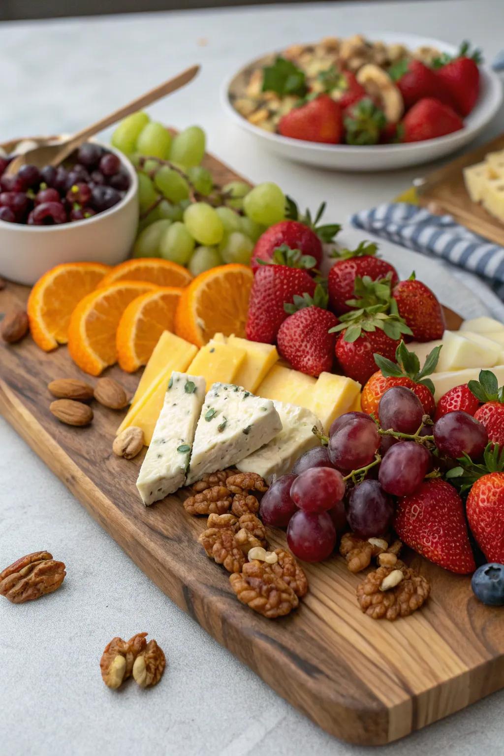 An exquisite arrangement of fruits and cheeses ideal for an Easter brunch.