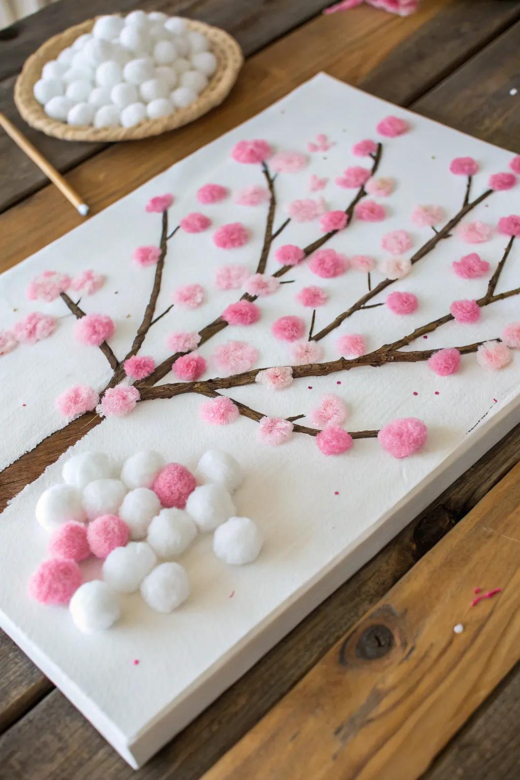 Cherry blossom creation using cotton balls for softness.