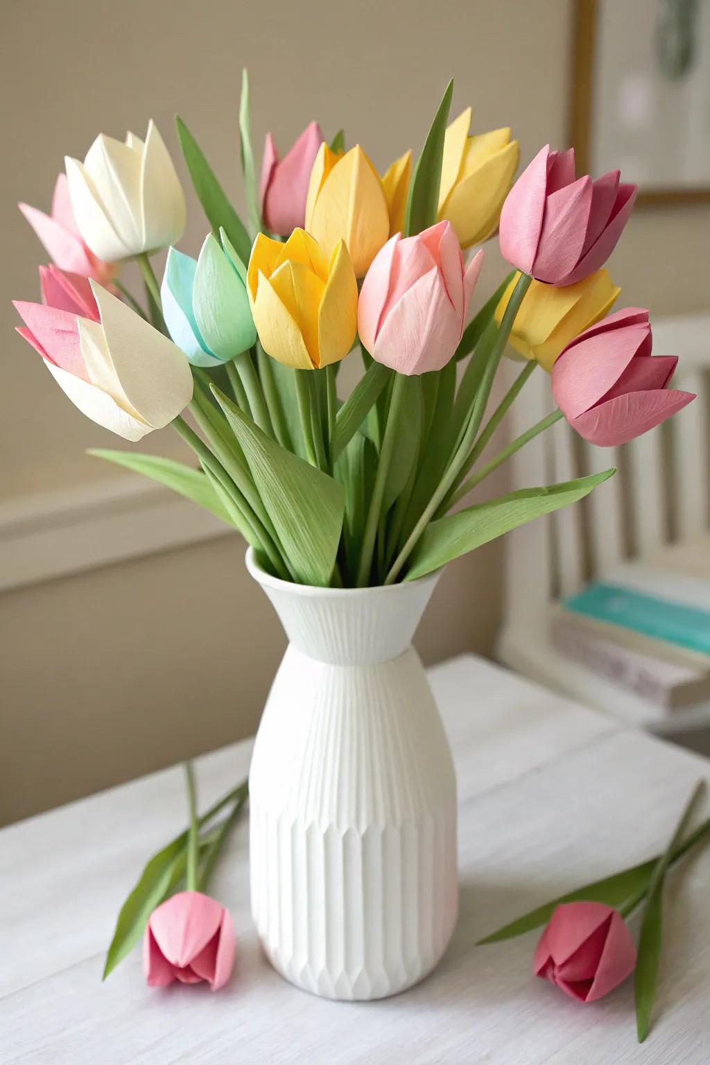 Illuminate your area with a handmade paper tulip bouquet, where springtime hues meet minimalist design.