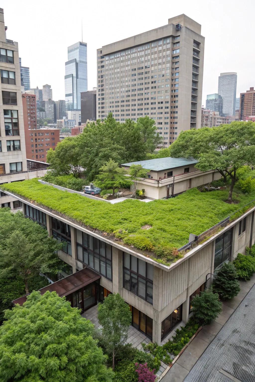 A residential building displaying a flourishing green roof amidst an urban landscape.