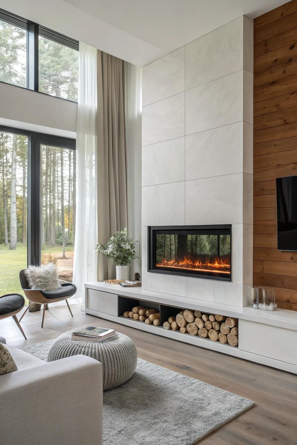 A streamlined wall-affixed electric heat center in a minimalist living space