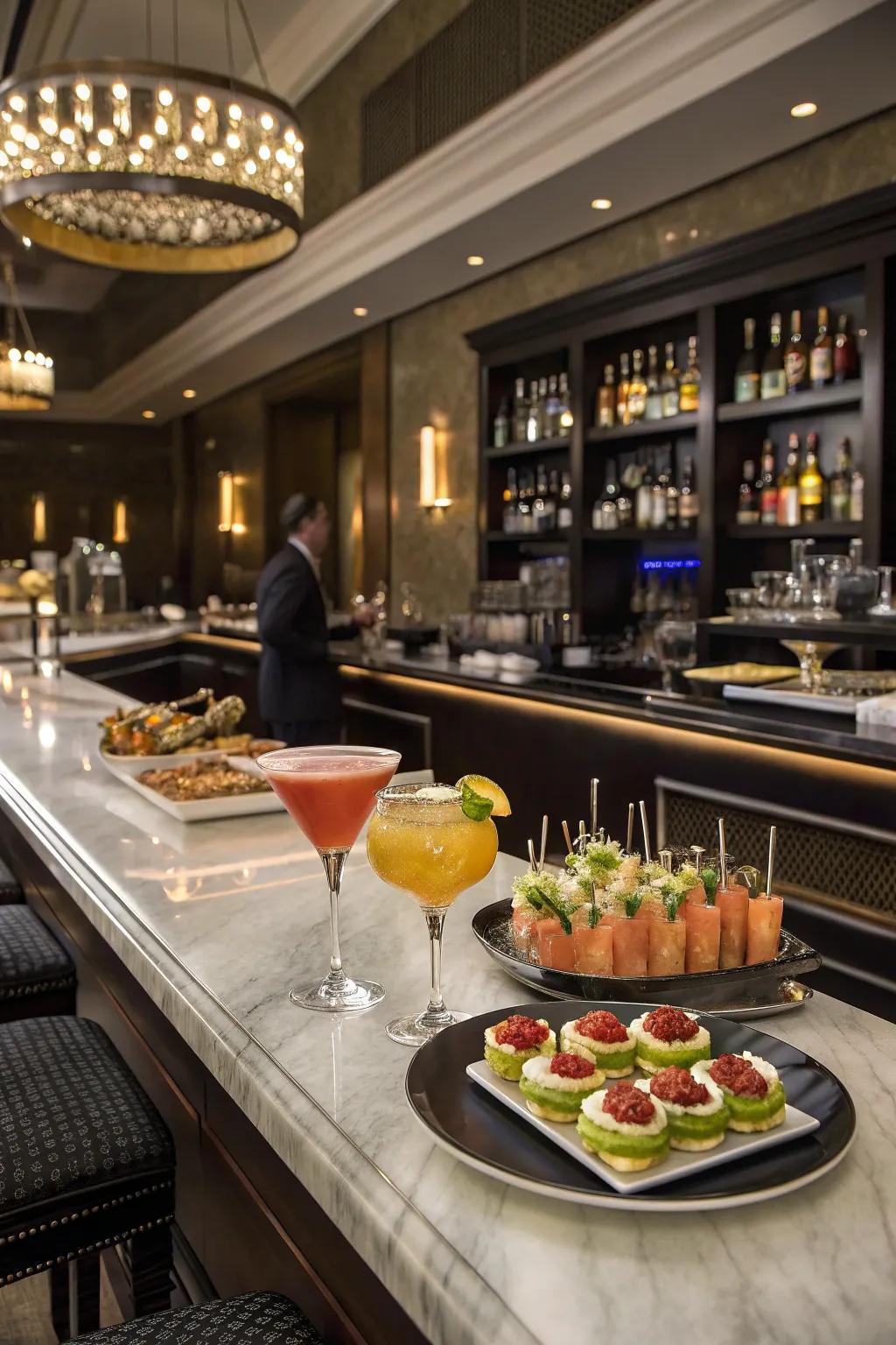 A sophisticated cocktail bar displaying various mixed drinks and appetizers.