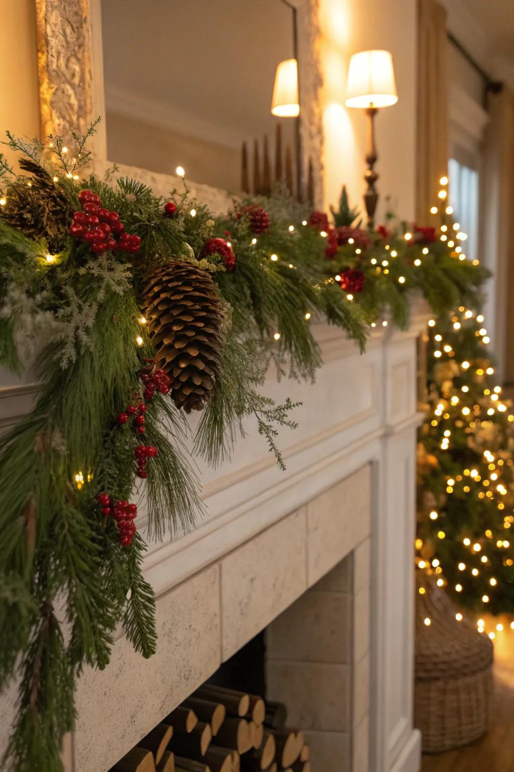 An abundant garland paired with twinkling lights conjures a magical atmosphere.