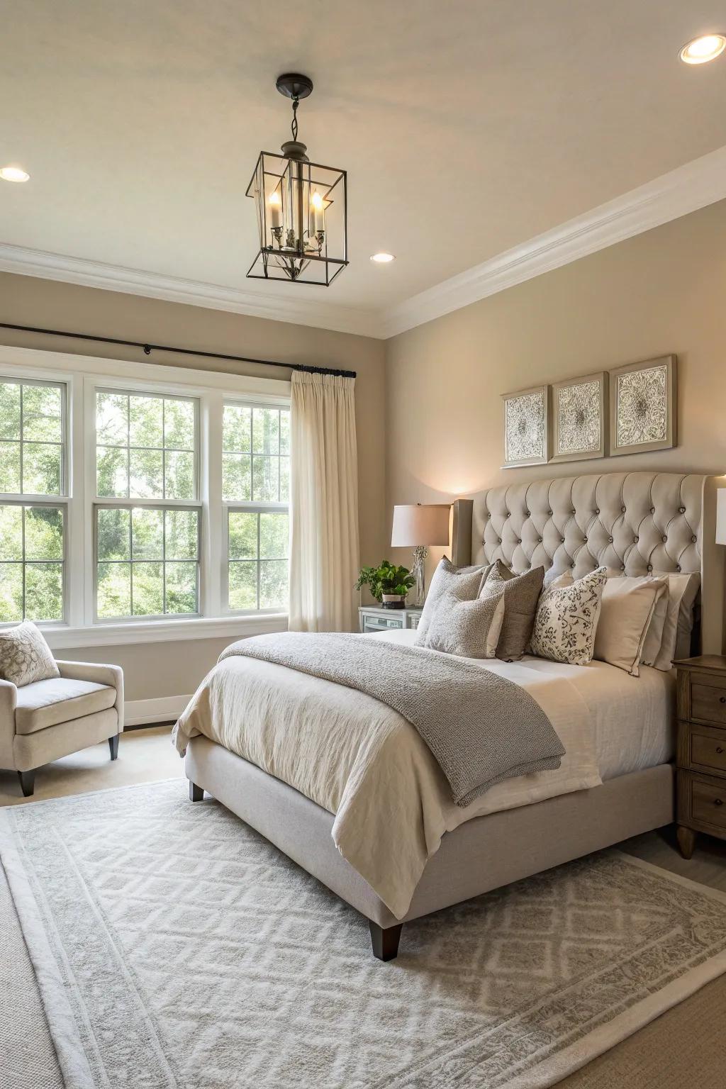 A neutral color selection cultivates a serene and refined ambiance.