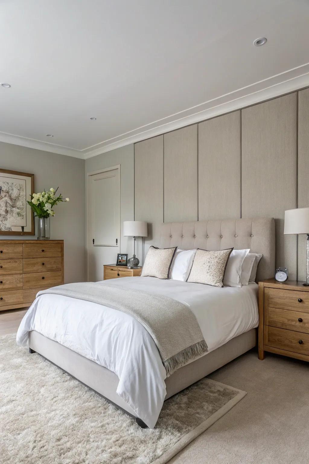 A contemporary opulent bedroom featuring a stylish neutral color scheme.