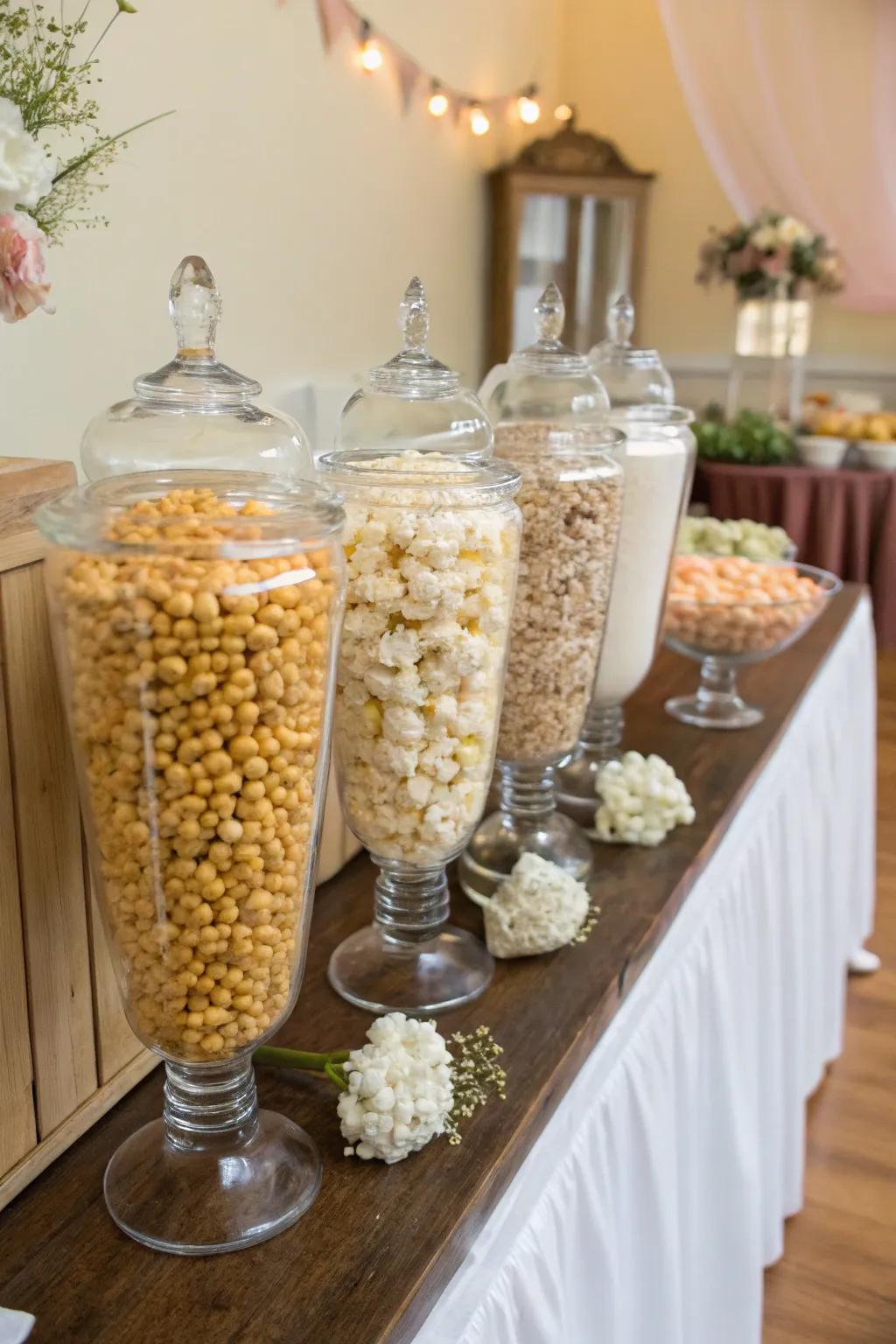 An assortment of gourmet popcorn tastes elegantly arranged in see-through containers.