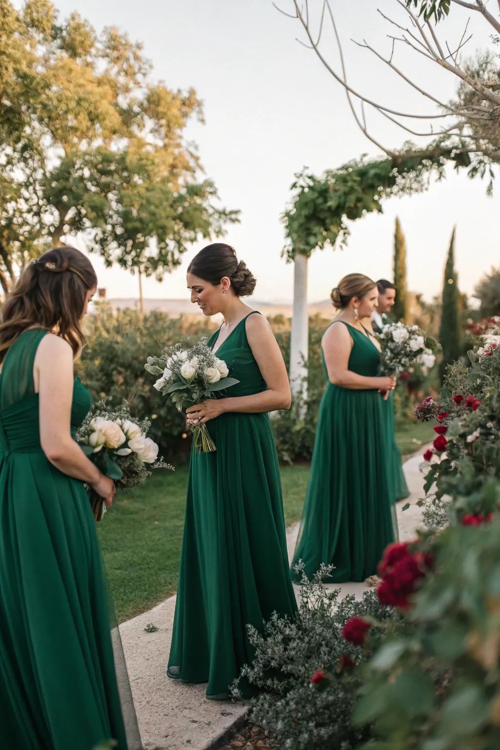 Bridesmaids in exquisite teal dresses at an outdoor wedding.