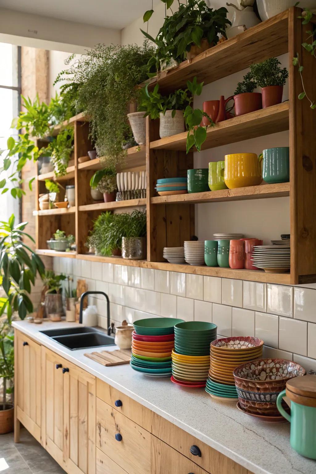 Open shelving brings style and storage to a kitchen wall.