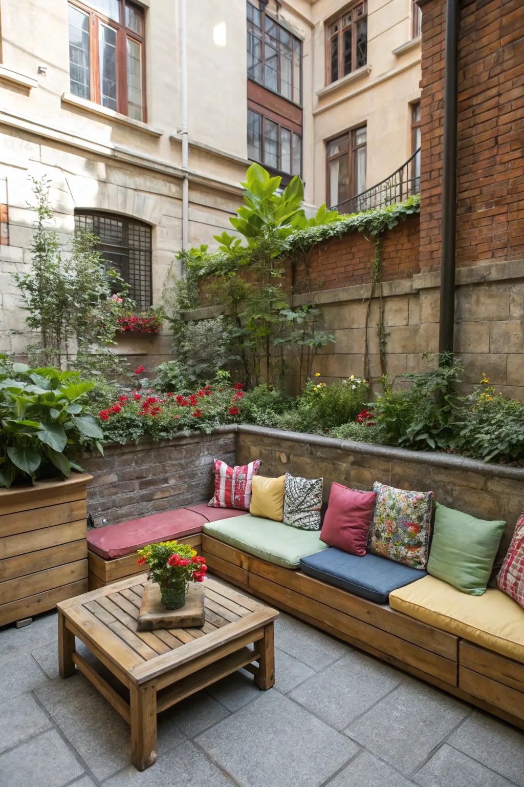 Design an attractive seating zone with bright pillows for coziness and panache.