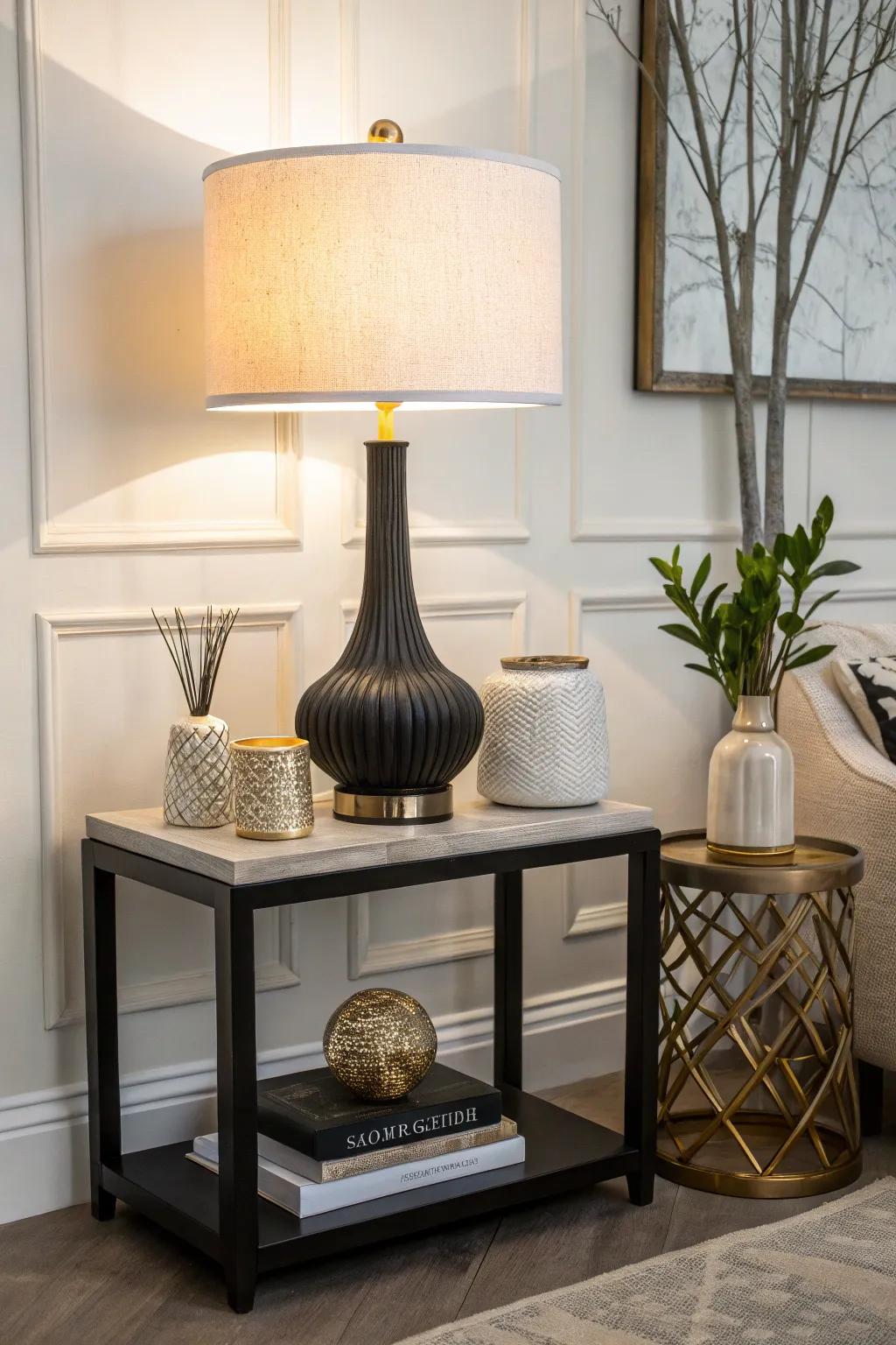 A side table showcasing a striking lamp as its central piece.