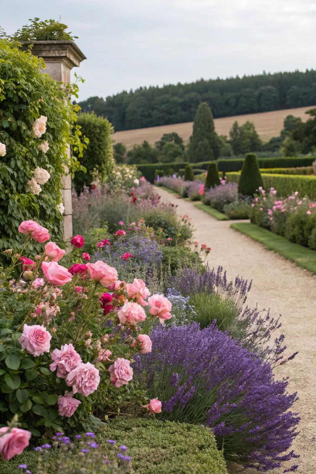 Lively flower borders highlight a delightful tea garden.