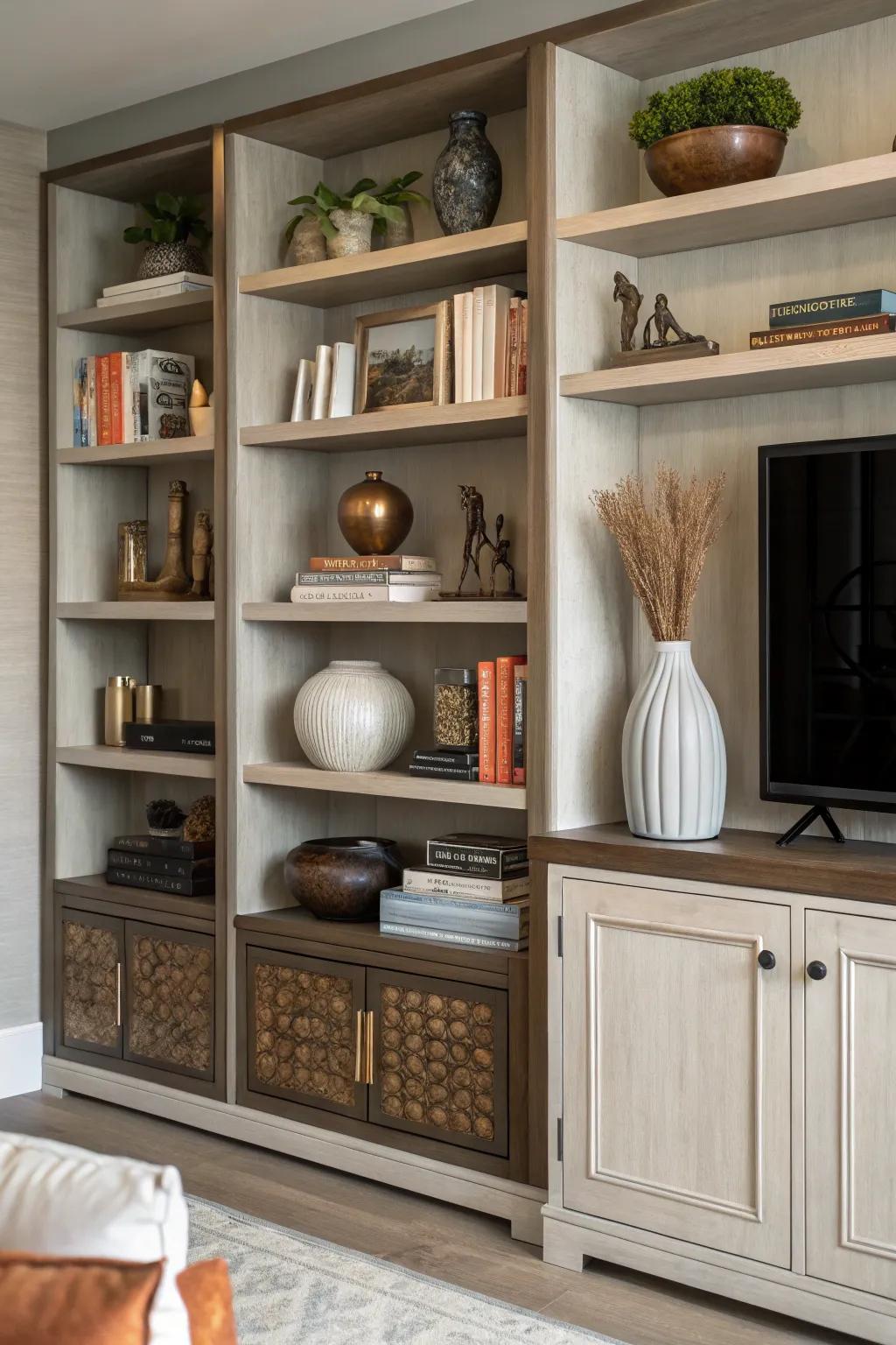 An entertainment space showcasing open display units filled with diverse ornamental items.
