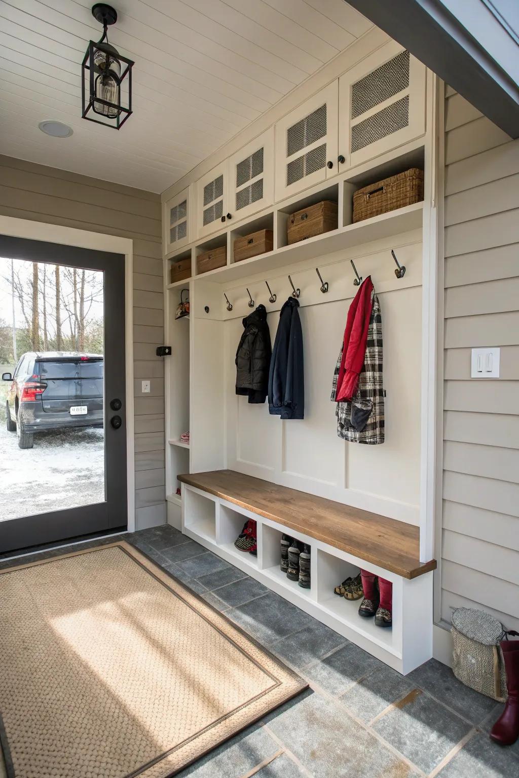 Transform your entryway into a sensible mudroom with tidy storing.