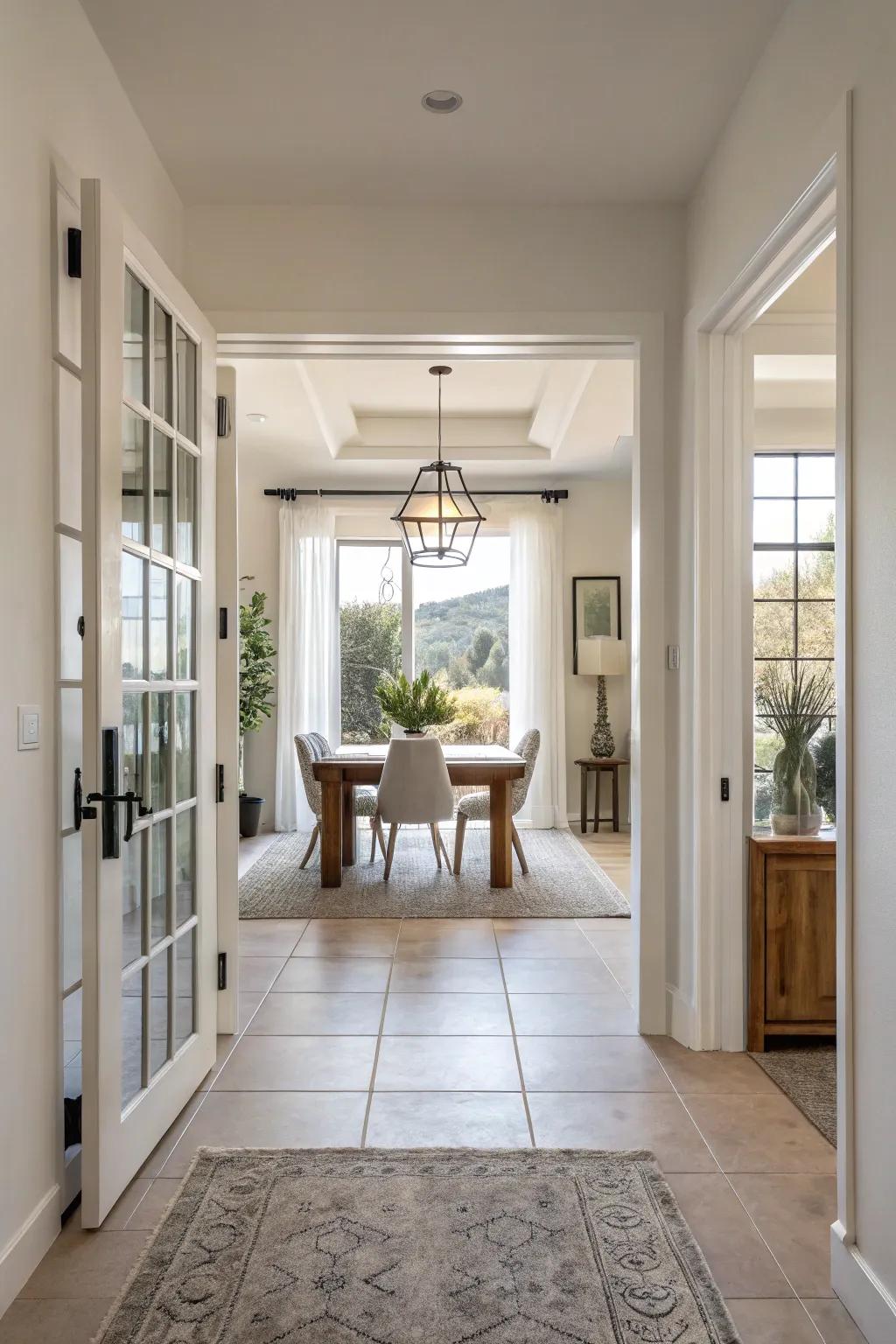 An open layout provides a smooth flow between the entryway and dining room.